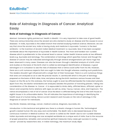 Role of Astrology in Diagnosis of Cancer: Analytical Essay