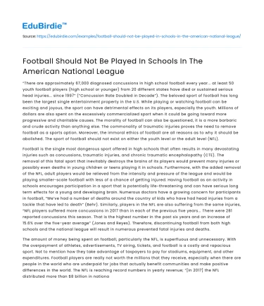 Football Should Not Be Played In Schools In The American National League