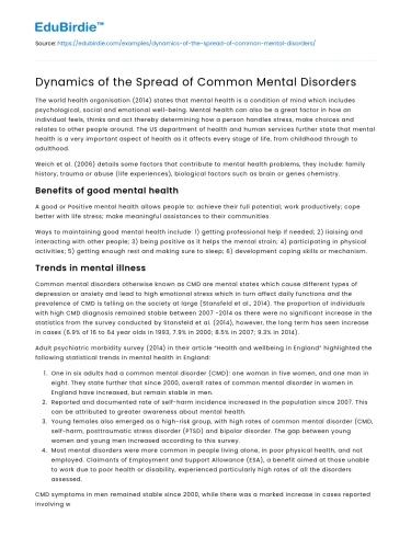 Dynamics of the Spread of Common Mental Disorders