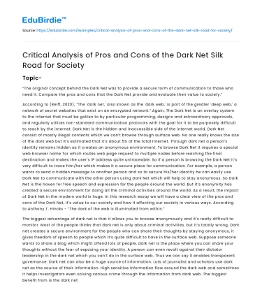Critical Analysis of Pros and Cons of the Dark Net Silk Road for Society