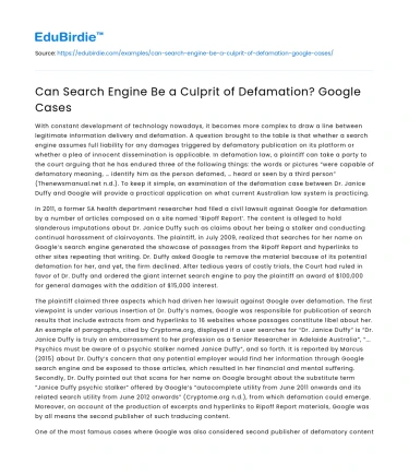 Can Search Engine Be a Culprit of Defamation? Google Cases