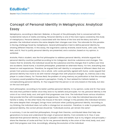 Concept of Personal Identity in Metaphysics: Analytical Essay