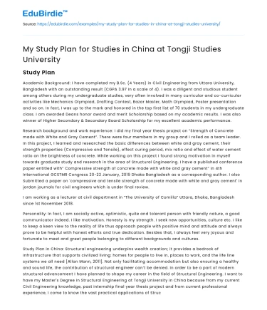 My Study Plan for Studies in China at Tongji Studies University