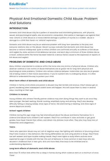 Physical And Emotional Domestic Child Abuse: Problem And Solutions