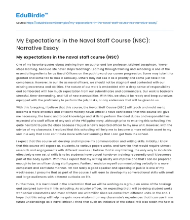 My Expectations in the Naval Staff Course (NSC): Narrative Essay