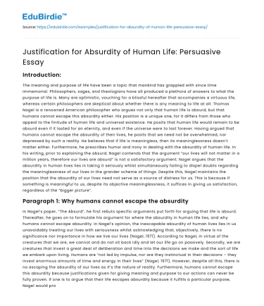 Justification for Absurdity of Human Life: Persuasive Essay