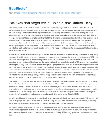 Positives and Negatives of Colonialism: Critical Essay