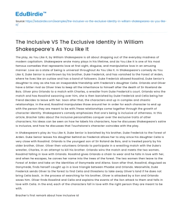 Identity in Shakespeare’s As You Like It: Inclusive vs Exclusive