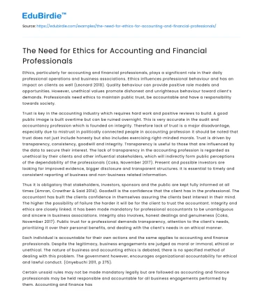 The Need for Ethics for Accounting and Financial Professionals