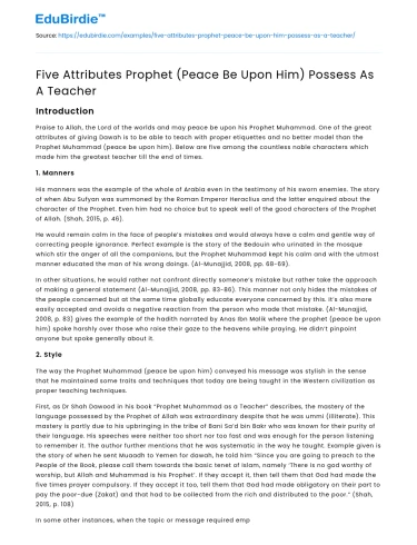Five Attributes Prophet (Peace Be Upon Him) Possess As A Teacher