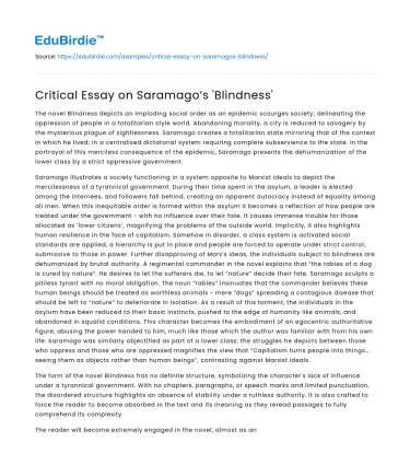Critical Essay on Saramago’s ‘Blindness’