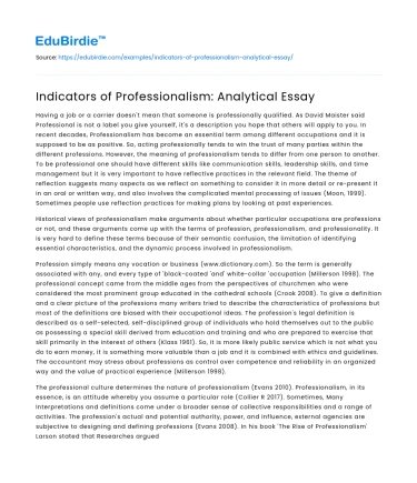 Indicators of Professionalism: Analytical Essay