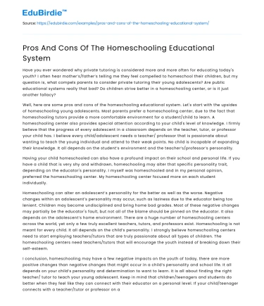 Pros And Cons Of The Homeschooling Educational System
