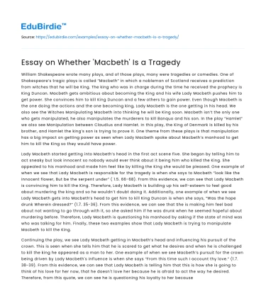 Essay on Whether ‘Macbeth’ Is a Tragedy