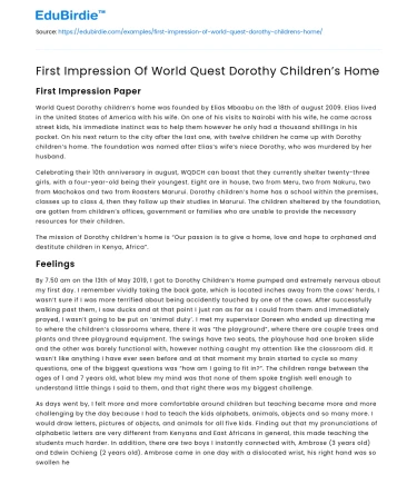 First Impression Of World Quest Dorothy Children’s Home