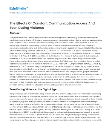 The Effects Of Constant Communication Access And Teen Dating Violence