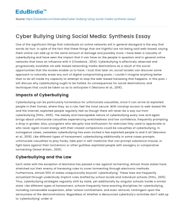 Cyber Bullying Using Social Media: Synthesis Essay