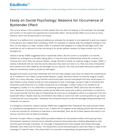 Essay on Social Psychology: Reasons for Occurrence of Bystander Effect