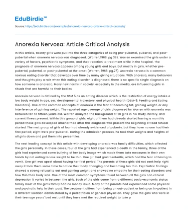 Anorexia Nervosa: Article Critical Analysis