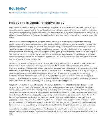 Happy Life Is Good: Reflective Essay