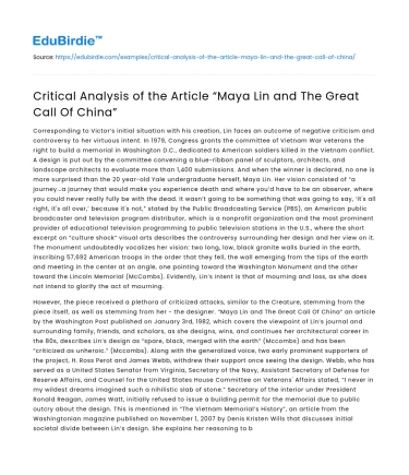 Critical Analysis of the Article “Maya Lin and The Great Call Of China”