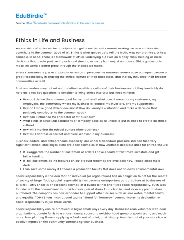 Ethics in Life and Business