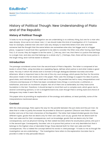 New Understanding of Plato’s Republic in Political Thought