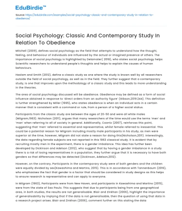Social Psychology: Classic And Contemporary Study In Relation To Obedience