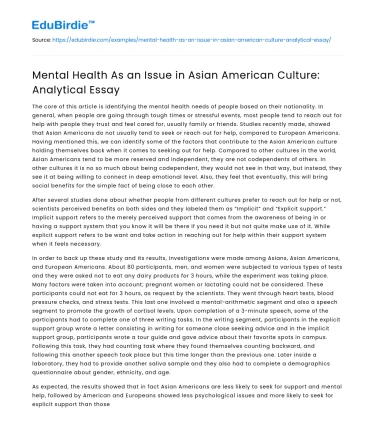 Mental Health As an Issue in Asian American Culture: Analytical Essay