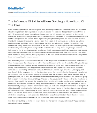 The Influence Of Evil In William Golding’s Novel Lord Of The Flies
