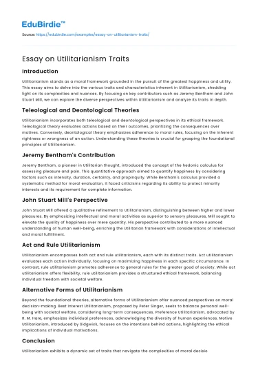 Essay on Utilitarianism Traits