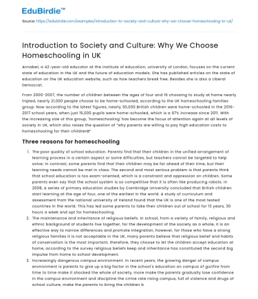 Introduction to Society and Culture: Why We Choose Homeschooling in UK