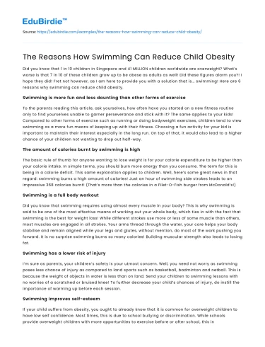 The Reasons How Swimming Can Reduce Child Obesity