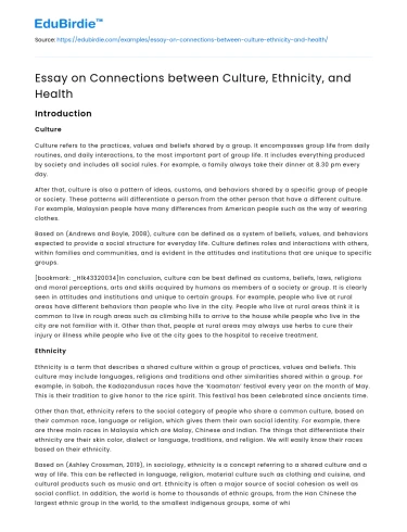 Essay on Connections between Culture, Ethnicity, and Health