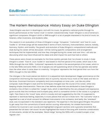 The Harlem Renaissance: History Essay on Duke Ellington