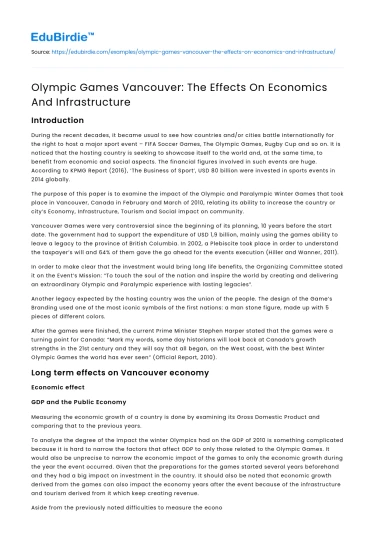 Olympic Games Vancouver: The Effects On Economics And Infrastructure