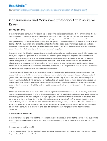 Consumerism and Consumer Protection Act: Discursive Essay
