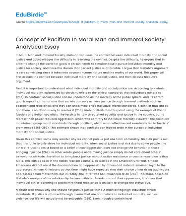 Concept of Pacifism In Moral Man and Immoral Society: Analytical Essay