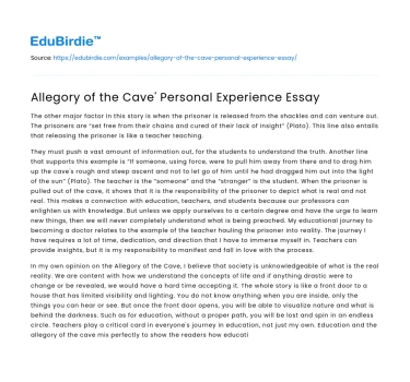 Allegory of the Cave’ Personal Experience Essay