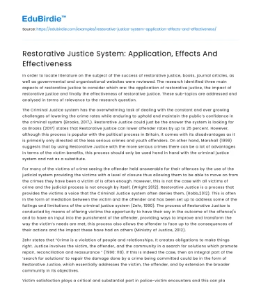 Restorative Justice System: Application, Effects And Effectiveness
