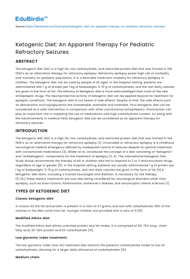 Ketogenic Diet: An Apparent Therapy For Pediatric Refractory Seizures