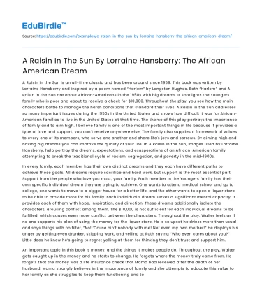 A Raisin In The Sun By Lorraine Hansberry: The African American Dream