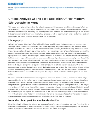 Critical Analysis Of The Text: Depiction Of Postmodern Ethnography In Maus