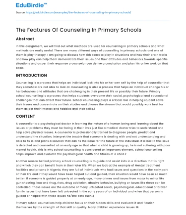 The Features Of Counseling In Primary Schools