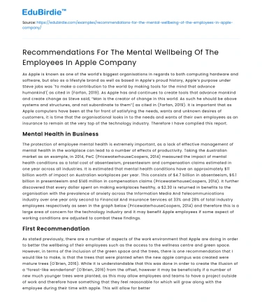 Recommendations For The Mental Wellbeing Of The Employees In Apple Company