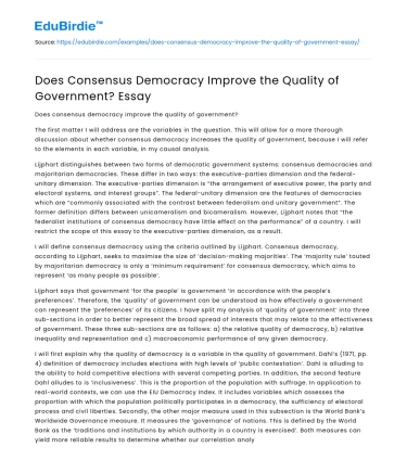 Does Consensus Democracy Improve the Quality of Government? Essay
