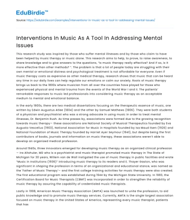 Interventions In Music As A Tool In Addressing Mental Issues