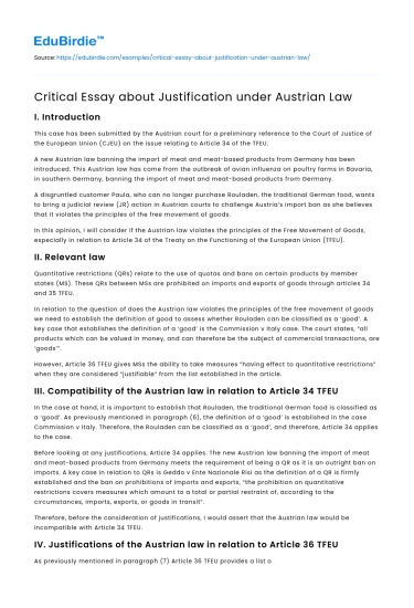 Critical Essay about Justification under Austrian Law
