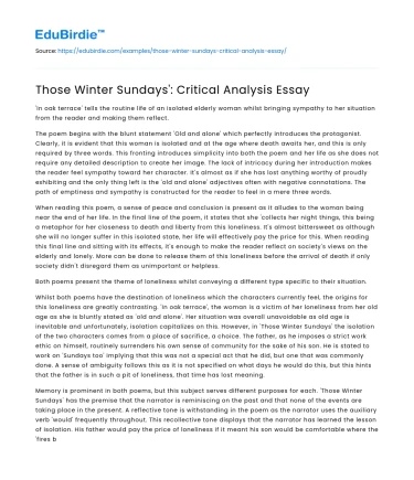 Those Winter Sundays’: Critical Analysis Essay