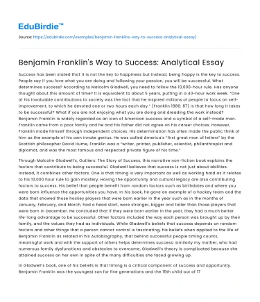 Benjamin Franklin’s Way to Success: Analytical Essay